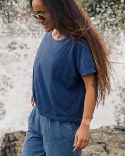 Tops & T-Shirts|Women's Outlet>Passenger Magnolia Recycled Cotton Crochet Trim T-Shirt Dark Denim