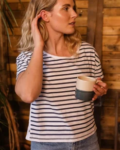 Tops & T-Shirts>Passenger Magnolia Recycled Cotton Crochet Trim T-Shirt Navy Stripe