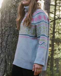 Knitwear|Women's Outlet>Passenger Whimsical Recycled Oversized Polo Neck Knitted Jumper Homespun Stripe Blue Fog