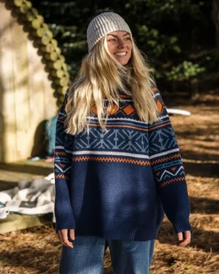 Knitwear|Women's Outlet>Passenger Whimsical Recycled Oversized Polo Neck Knitted Jumper Homespun Stripe Navy